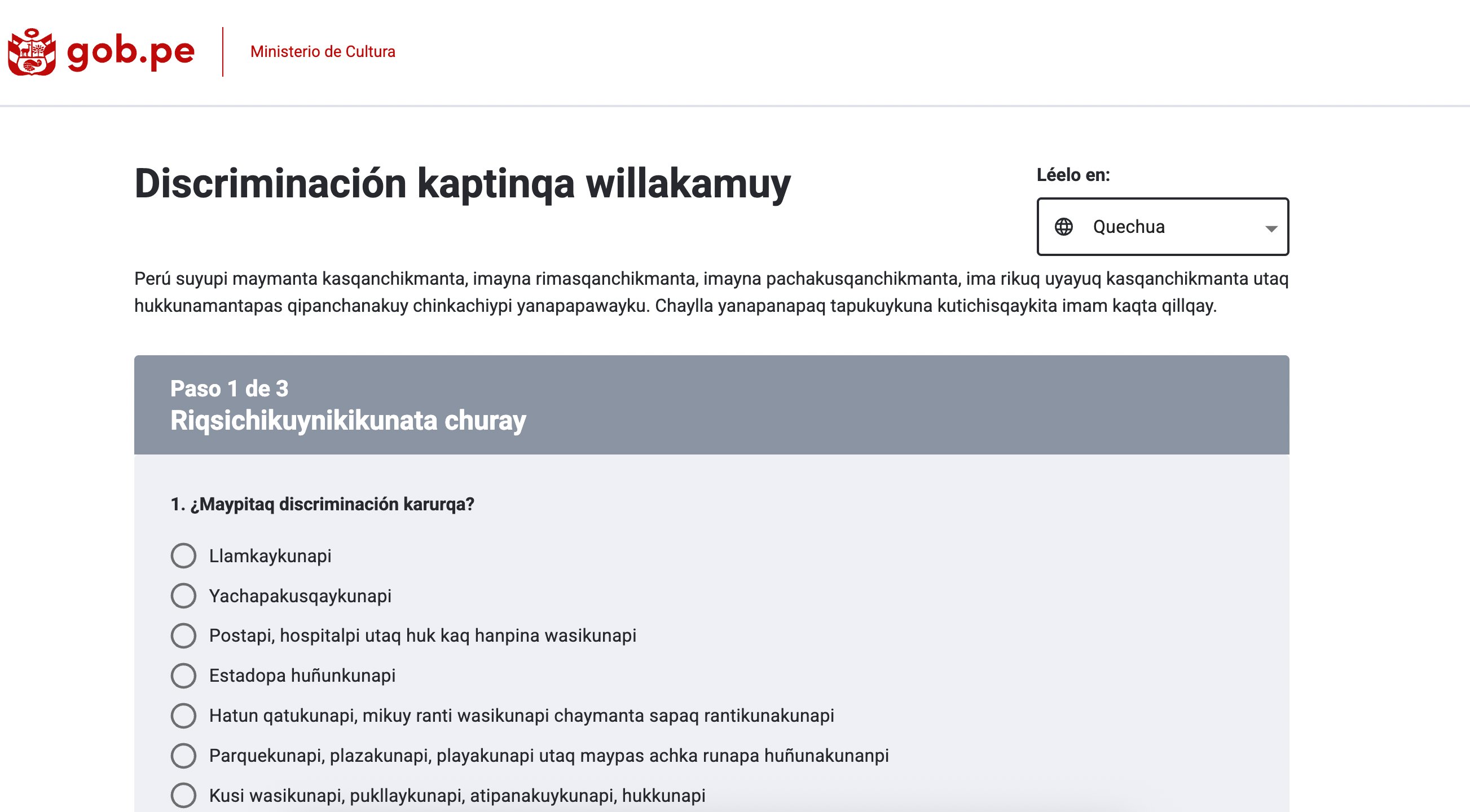 Reporting form in Quechua