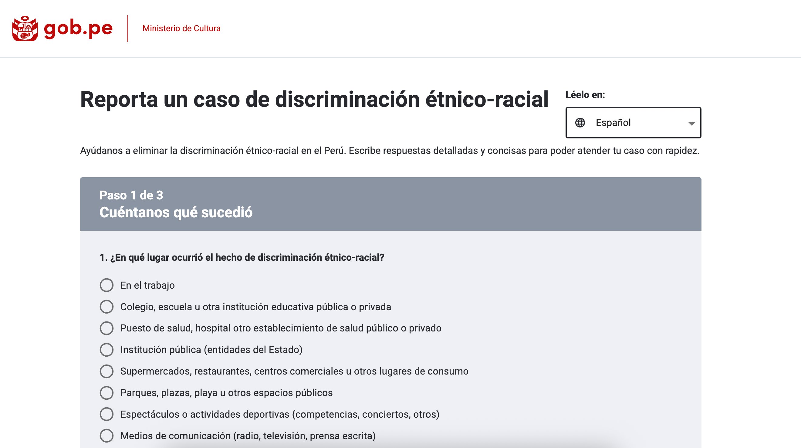 Reporting form in Spanish